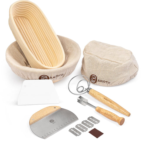 ABIOTO's Complete Sourdough Bread Making Kit, featuring proofing baskets, scrapers, a whisk, and more, all essential for sourdough baking.