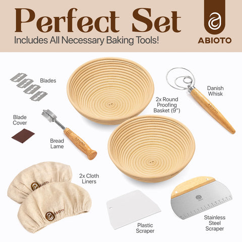 Complete ABIOTO Bread Proofing Kit with all necessary baking tools including round proofing baskets, a Danish whisk, and a bread lame for professional baking.