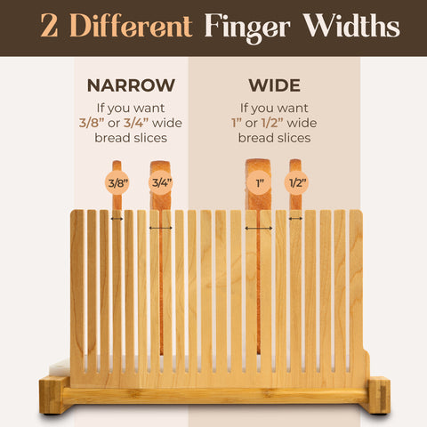 Two different finger widths displayed for the adjustable bread slicer, highlighting options for 3/8”, 3/4”, 1”, and 1/2” wide bread slices.