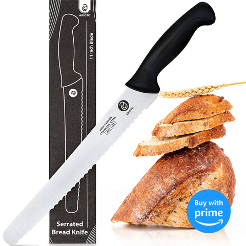 ABIOTO Serrated Bread Knife - 11" with a sleek design, slicing through a loaf of artisan bread effortlessly. Perfect for clean and precise cuts.
