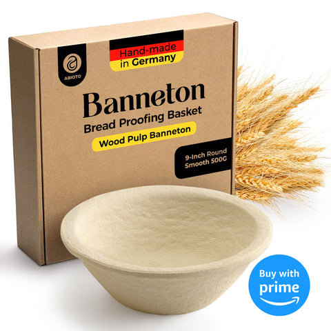 9-inch wood pulp bread proofing basket in packaging, handcrafted in Germany, ideal for sourdough baking.
