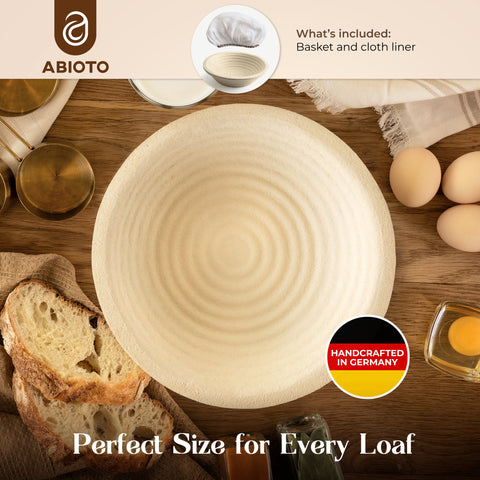 Close-up of a wood pulp bread proofing basket, hand-crafted in Germany, suitable for every loaf and includes a cloth liner.