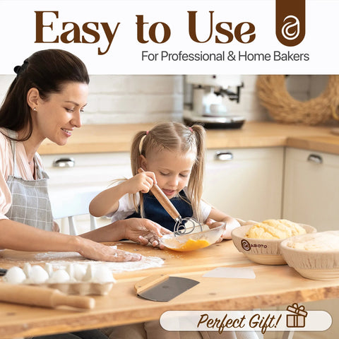 ABIOTO Bread Proofing Kit with Rattan Baskets, Danish Whisk, Bread Lame & Dough Scrapers - Abioto Baking