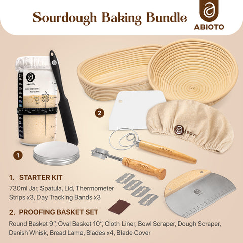 Sourdough Bread Making Kit with 10” Round & 11” Oval Bannetons and 24 oz Starter Jar – Complete Artisan Proofing & Starter Set