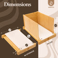 Detailed dimensions of the adjustable bread slicer, including in-use and in-storage measurements, for optimal kitchen use.
