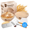 Essential Sourdough Bread Making Kit featuring a round proofing basket, sourdough starter kit, and tools for easy bread making.