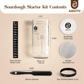 Content layout of ABIOTO's sourdough starter kit, included in the Complete Sourdough Bread Making Kit, showing essential tools for sourdough enthusiasts.