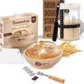 Essential Sourdough Bread Making Kit showcasing a 10" round banneton, sourdough starter jar, and baking tools, perfect for beginners.