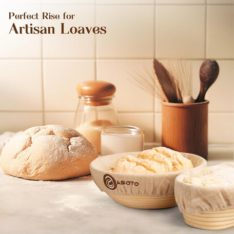 ABIOTO sourdough bread proofing baskets in a cozy kitchen setting, ideal for achieving a perfect rise in artisan loaves.