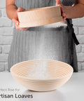 Baker dusting flour into ABIOTO's sourdough bread proofing baskets, designed for achieving the perfect rise.