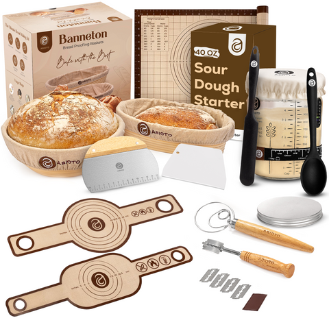 Enhanced Sourdough Bread Making Kit with 10” Round & 11” Oval Bannetons and 40 oz Starter Jar – Complete Premium Starter & Proofing Set