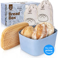 Packaging of the Modern Bread Box for Kitchen Counter Top with 2 Bread Bags in blue, showing the eco-friendly bamboo fiber material.