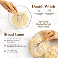 Tools in the Complete Sourdough Bread Making Kit featuring a dough scraper, whisk, and a sturdy banneton for perfecting sourdough.