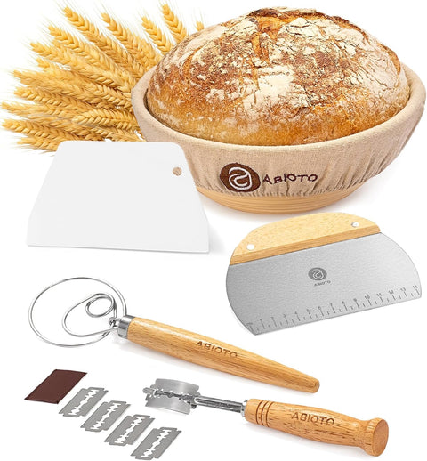 Complete Bread Making Kit with 9" Proofing Basket, Dough Scrapers & Tools for Artisan Baking - Abioto Baking
