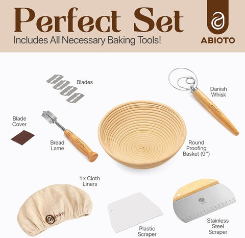 Complete Bread Making Kit with 9" Proofing Basket, Dough Scrapers & Tools for Artisan Baking - Abioto Baking