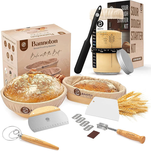 Complete Sourdough Bread Making Kit with 10" Round & 11" Oval Bannetons and 24oz Starter Jar - Abioto Baking