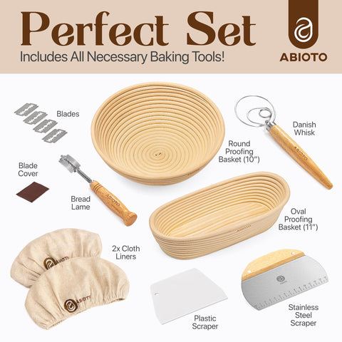 Complete Sourdough Bread Making Kit with 10" Round & 11" Oval Bannetons and 24oz Starter Jar - Abioto Baking