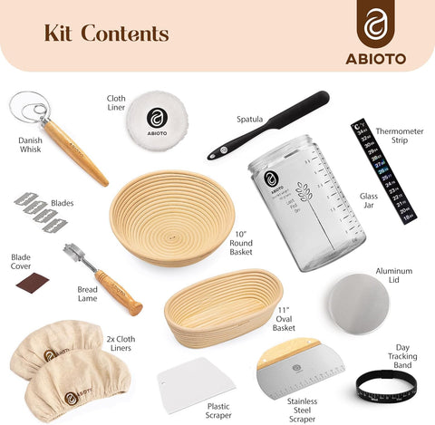 Complete Sourdough Bread Making Kit with 10" Round & 11" Oval Bannetons and 40oz Starter Jar - Abioto Baking
