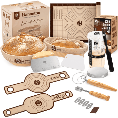 Enhanced Sourdough Bread Making Kit with 10” Round & 11” Oval Bannetons and 24 oz Starter Jar – Premium Proofing & Starter Set - Abioto Baking