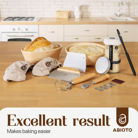 Enhanced Sourdough Bread Making Kit with 10” Round & 11” Oval Bannetons and 34 oz Starter Jar – Premium Artisan Proofing & Starter Kit - Abioto Baking