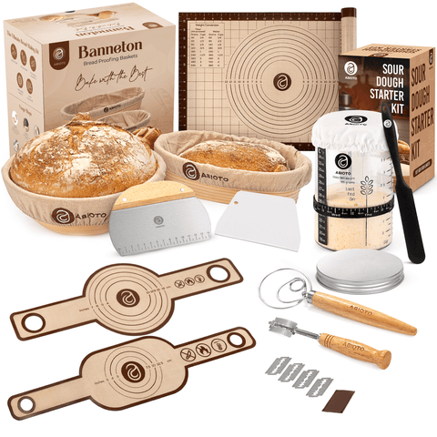 Enhanced Sourdough Bread Making Kit with 10” Round & 11” Oval Bannetons and 34 oz Starter Jar – Premium Artisan Proofing & Starter Kit - Abioto Baking