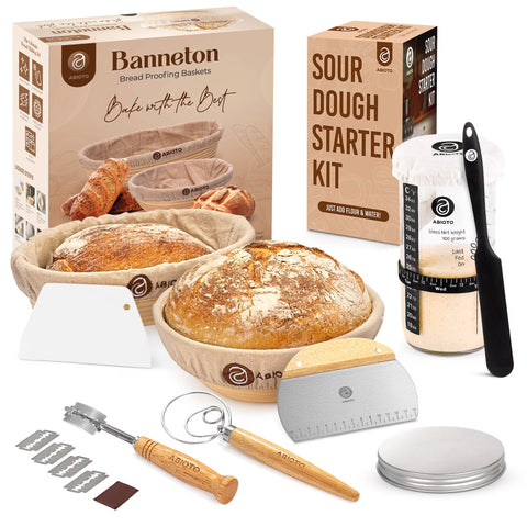 Sourdough Bread Making Kit with 10” Round & 11” Oval Bannetons and 24 oz Starter Jar – Complete Artisan Proofing & Starter Set - Abioto Baking