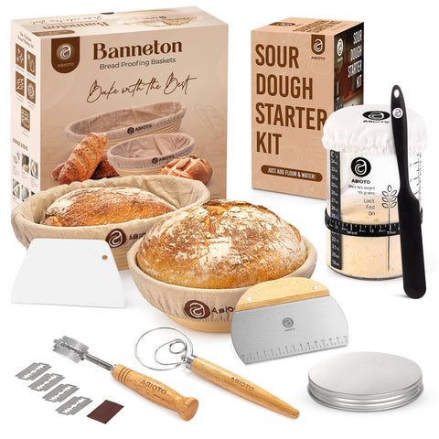 Sourdough Bread Making Kit with 10” Round & 11” Oval Bannetons and 34 oz Starter Jar – Artisan Proofing Basket & Starter Kit - Abioto Baking