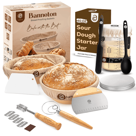 RuileMei Sourdough Bread Baking Starter Kit - 40oz Jar, 2 Banneton Baskets, Tools - Complete Bread Making Supplies
