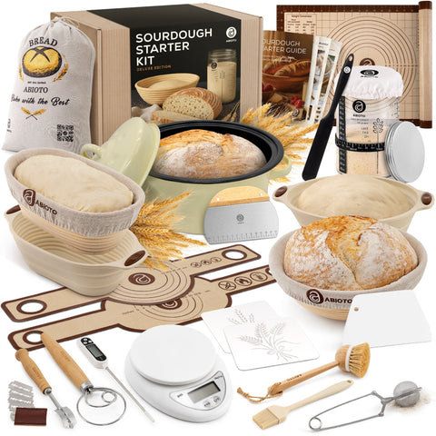 Sourdough Starter Kit with Dutch Oven and Scale - Complete Sourdough Kit with Proofing Baskets, 34oz Jar, Slings, and Other Premium Bread Making Tools - Abioto Baking